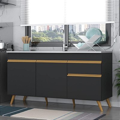 Balcão Cozinha Gabinete Pia 150 cm 3 Portas 1 Gaveta Veneza Gb Multimóveis Mp2072 Preto
