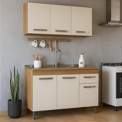Kit Cozinha 1,20m Balcão de Pia e Armário Aéreo 3 Portas com Divisória, Gabinete sem tampo (Freijó Off-White)