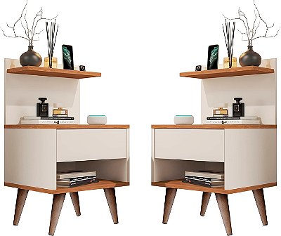 KIT 2 Mesas De Cabeceira Modelo Sleep Com Gaveta Pés Pinus Amadeirado - Quality Móveis (OffWhite-Nature)