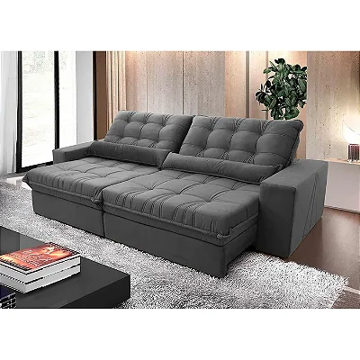 Sofá Retrátil/Reclinável Zurique 2,50M Suede Velut Cinza com Molas No Assento - King House Cinza