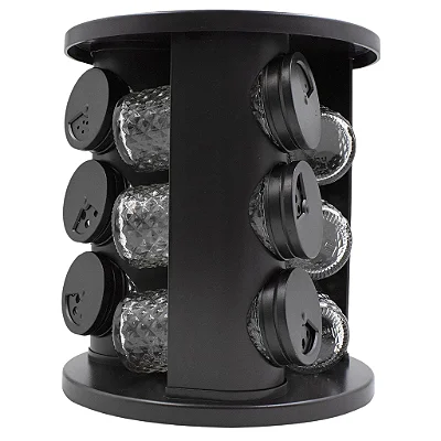 Porta Tempero com 9 e 12 Potes de Vidro Suporte Giratório Diamond e Liso