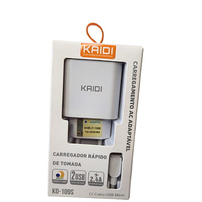 Carregador de Tomada Kaidi KD‑109C com 2 Entradas USB 2.4A + Cabo USB-C