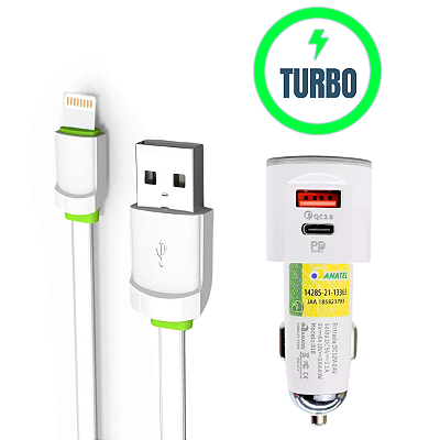 Carregador Veicular 40W Turbo Charge 9.1A + Cabo USB X Lightning IOS Para iPhone