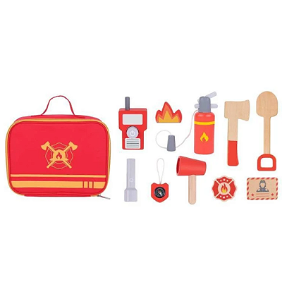 Kit Bombeiro em Madeira com Extintor Ferramentas Brinquedo Educativo Faz de Conta Profissões 3+