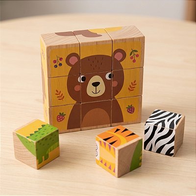 Quebra Cabeça De Cubos Madeira Infantil Animais Educativo