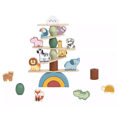 Brinquedo Educativo Madeira Empilhando Animais Equilibrio Coordenacao Motora Criatividade 18m+