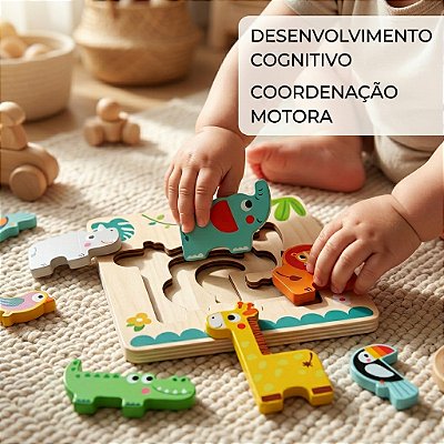 Quebra-Cabeça em Camadas Animais da Selva | 3 Níveis de Encaixe em Madeira – TookyToy | 1 ano+