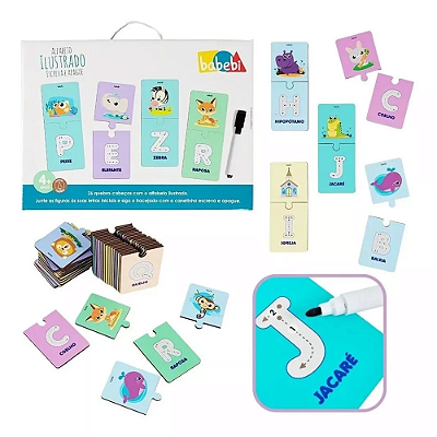 Brinquedo educativo alfabeto ilustrado escreva e apague para alfabetização letras infantil 6 anos+