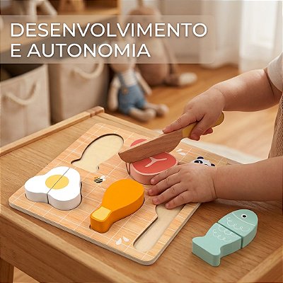 Cortando Alimentos em Madeira – HiPando | Brinquedo Educativo Sensorial com Faca e Quebra-Cabeça | 12m+