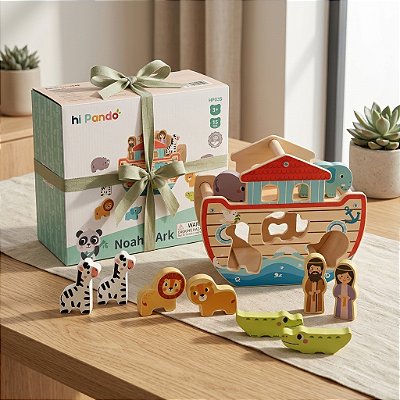 Arca de Noé de Madeira – Brinquedo Educativo com Animais e Formas para Crianças a partir de 3 anos