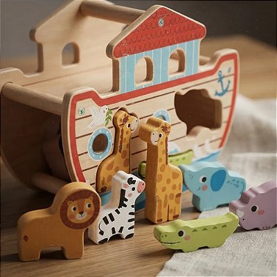 Arca de Noé de Madeira – Brinquedo Educativo com Animais e Formas para Crianças a partir de 3 anos