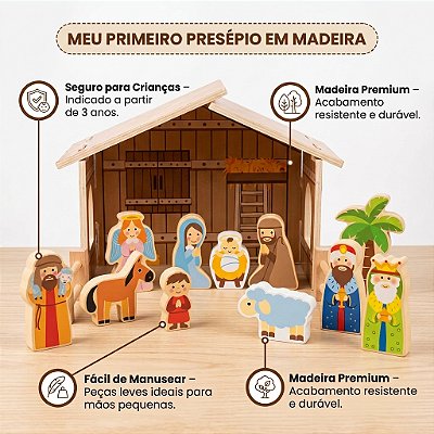 Presépio Infantil de Madeira Brinquedo Educativo Natal Montar História de Jesus Crianças 3 Anos