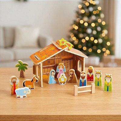 Presépio Infantil de Madeira Brinquedo Educativo Natal Montar História de Jesus Crianças 3 Anos