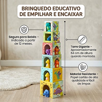Brinquedo Educativo Empilhar Caixas Dinossauro Blocos de Encaixe Coordenação Motora Bebê 12m+