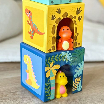 Brinquedo Educativo Empilhar Caixas Dinossauro Blocos de Encaixe Coordenação Motora Bebê 12m+