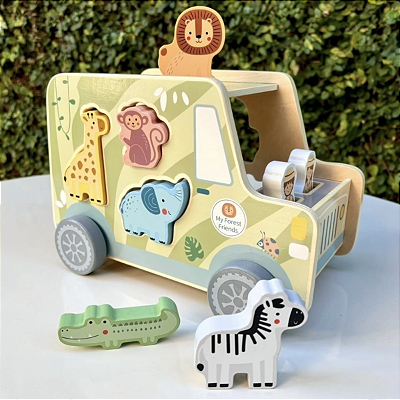 Jipe Safari Infantil Madeira Educativo Animais Encaixe Coordenação Motora 18m+
