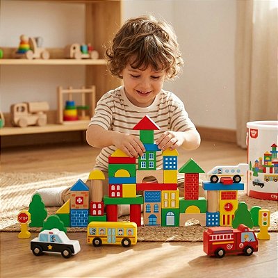 Blocos de Montar Cidade Madeira Educativo Construção Criativa Coordenação Motora 2+