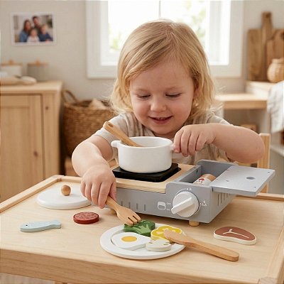 Fogão Infantil de Madeira Cozinha de Camping Comidinhas Faz de Conta Educativo 3+