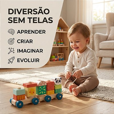 Brinquedo Trem De Madeira Encaixe Formas Coordenação Motora