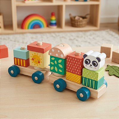 Brinquedo Trem De Madeira Encaixe Formas Coordenação Motora