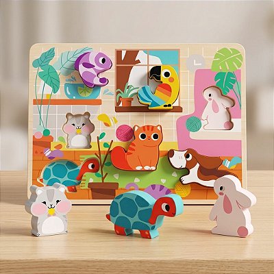 Brinquedo Educativo Quebra Cabeça Madeira Encaixe Animais