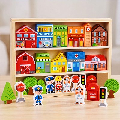 Brinquedo Educativo Cidade De Madeira Infantil MontarEncaixe
