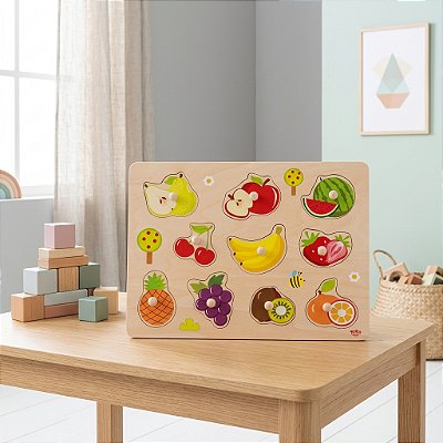 Quebra-Cabeça De Encaixe Frutas Com Pinos Madeira Montessori