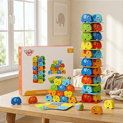 Brinquedo Torre Equilíbrio Elefantes Madeira Jogo Infantil