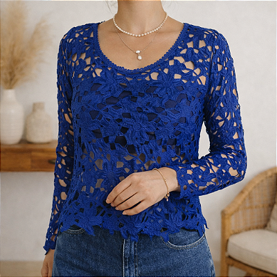 Blusa azul renda guipir M