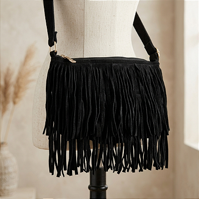 Bolsa preta camurça franjas