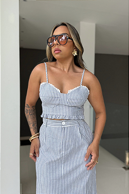 Cropped Linho Listrado C/ Laise Decote Babado 022