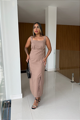 Vestido Linho Midi Fenda Frente Busto Drapeado 2133