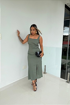 Vestido Linho Midi Fenda Frente Busto Drapeado 2133