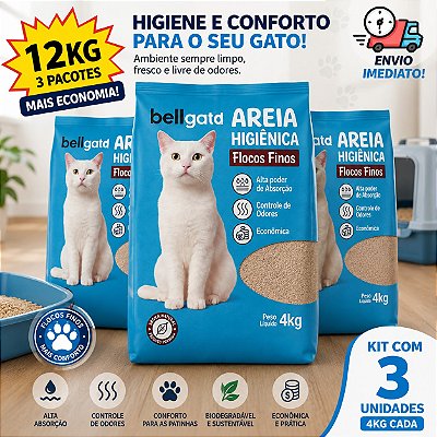 Kit 3un Areia Higiênica Para Gatos 8 ou 12kg