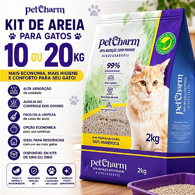 Kit Areia Higiênica Biodegradável Pet Charm para Gatos Super Absorvente Anti Cheiro 10 e 20kg