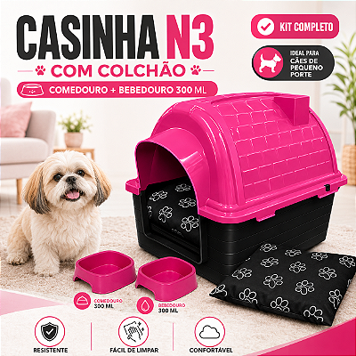 Casa Casinha Para Cachorro Com Colchão Comedouro e Bebedouro N3
