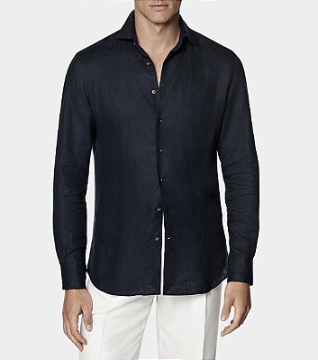 Camisa Social Masculino Linho Azul Marinho Slim