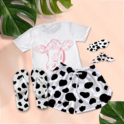 Kit Pijama Curto de Verão Cow Print Rosa + Chinelo de dedo