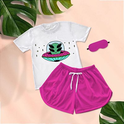 Kit Pijama Curto de Verão Shorts e Camiseta Alien