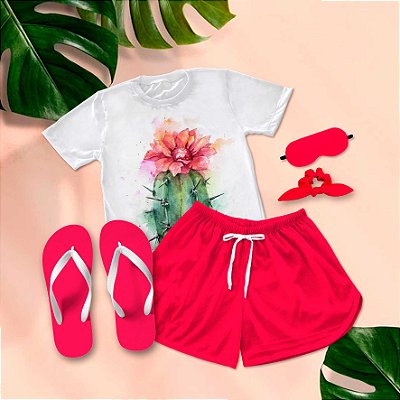 Kit Pijama Curto de Verão Flores + Chinelo de dedo
