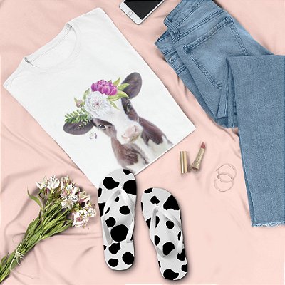 Combo Vaca Coroa de Flor: T-shirt Branca + Chinelo de dedo