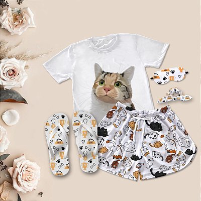 Kit Pijama Curto de Verão Gato + Chinelo de dedo