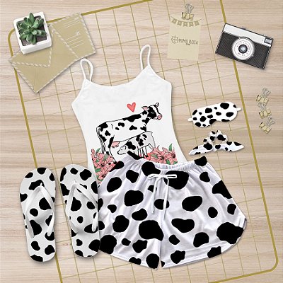 Kit Pijama Alcinha Curto de Verão Vaca + Chinelo de dedo