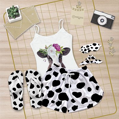 Kit Pijama Alcinha Curto de Verão Vaca + Chinelo de dedo