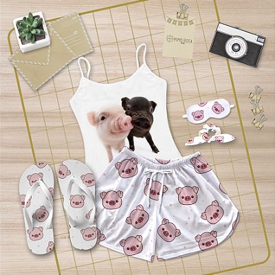 Kit Pijama Alcinha Curto de Verão Porco + Chinelo de dedo