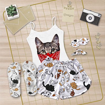 Kit Pijama Alcinha Curto de Verão Gato + Chinelo de dedo