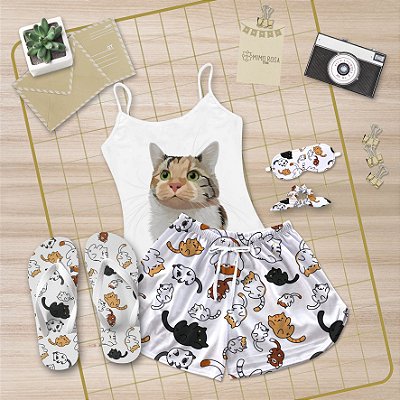 Kit Pijama Alcinha Curto de Verão Gato + Chinelo de dedo