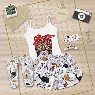 Kit Pijama Alcinha Curto de Verão Gato + Chinelo de dedo