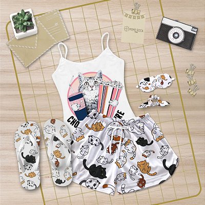 Kit Pijama Alcinha Curto de Verão Gato + Chinelo de dedo