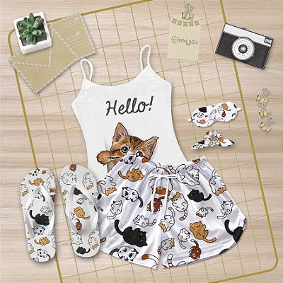 Kit Pijama Alcinha Curto de Verão Gato + Chinelo de dedo